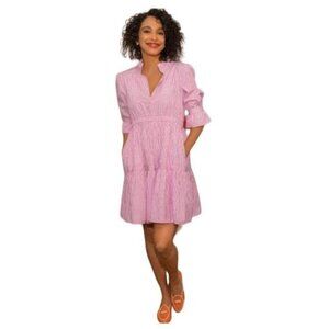 Gretchen Scott Teardrop Pink Stripe Poly Dress Women's Size Medium Ruffle Tiered
